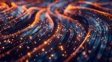 Abstract video showing glowing orange fiber-like light trails flowing dynamically across a dark background. Sparkling particles and soft bokeh create a hypnotic, futuristic atmosphere.