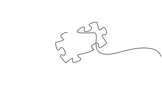 Self animated single continuous line drawing of two interlocking jigsaw puzzle pieces. 4K video animation