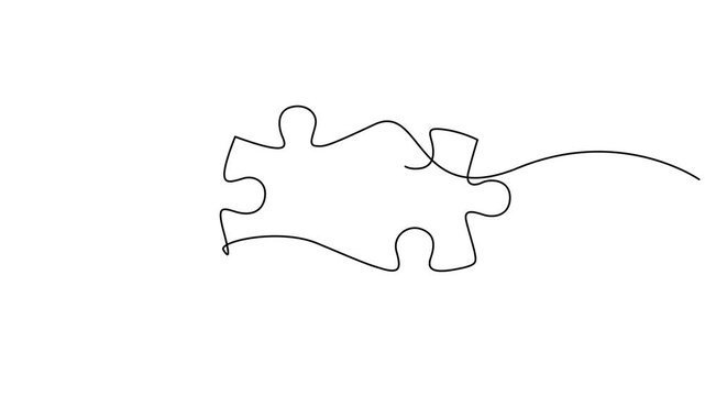 Self animated single continuous line drawing of two interlocking jigsaw puzzle pieces. 4K video animation