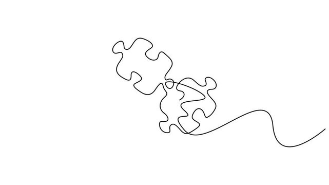 Self animated single continuous line drawing of two interlocking jigsaw puzzle pieces. 4K video animation