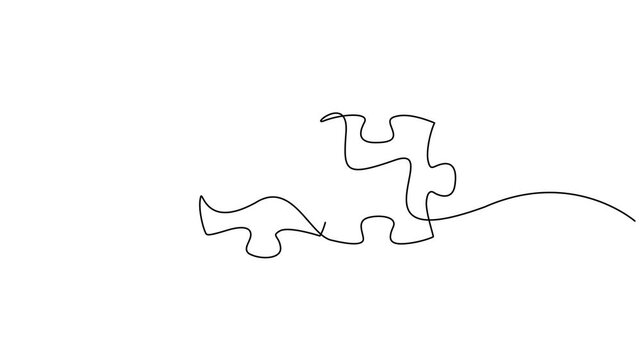 Self animated single continuous line drawing of two interlocking jigsaw puzzle pieces. 4K video animation