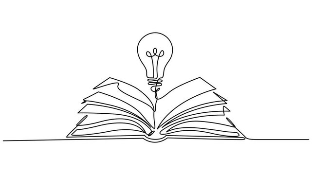 Animation of shining light bulb above open book in continuous line style drawing. Full length one line animation