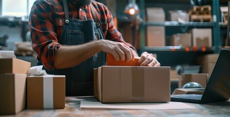 A man in a checkered shirt and apron carefully packs goods into cardboard boxes beside a laptop, with blurred workshop shelves in the background.