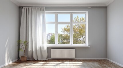 Obraz premium Empty room interior with large window and sheer curtains.