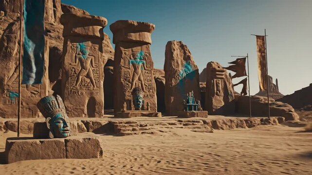 Ancient Tribal Mask and Desert Ruins with Hieroglyphs