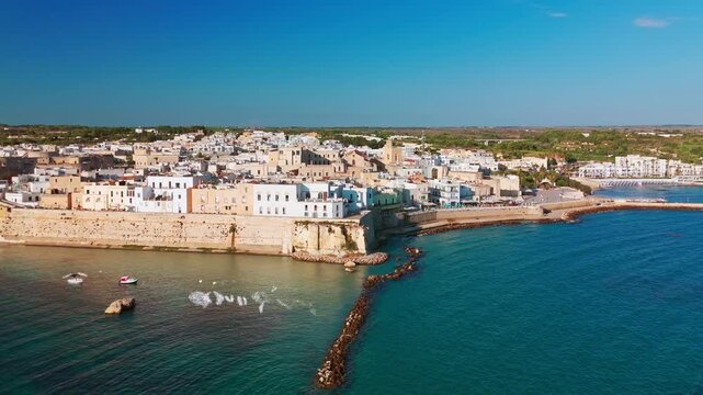 Aerial view of the fortified old town of Otranto, Puglia, Italy.