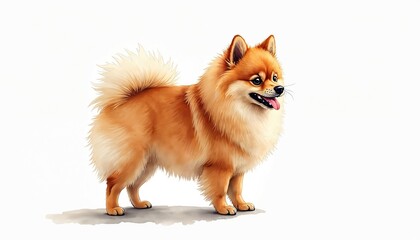 Obraz premium Fluffy Pomeranian dog stands looking right. Watercolor illustration has a white background. Plenty of blank space for text or graphic design. Adorable, happy pet. Cute, furry canine friend.
