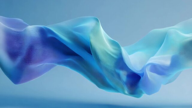 Abstract flowing translucent fabric texture in blue and cyan tones, smooth style on a solid blue background, concept of fluidity and elegance