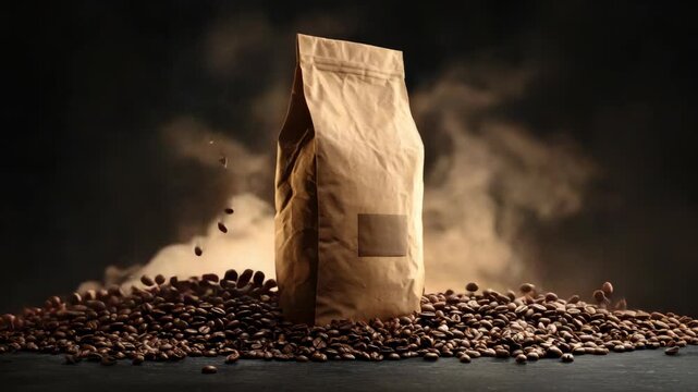 Brown paper coffee bag surrounded by roasted beans, dynamic flying beans, dramatic smoky dark background, concept of premium coffee aroma
