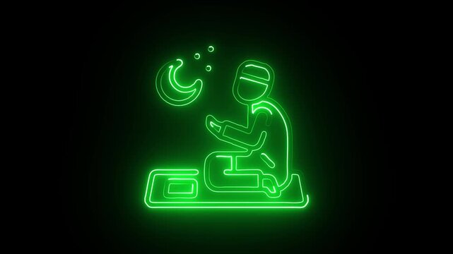 Neon glowing hands praying dua islamic calligraphy digital art green background spiritual worship vector illustration