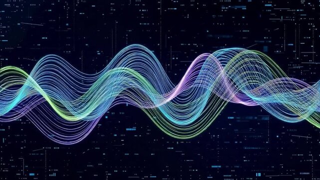 Vibrant wavy lines undulate across a dark digital landscape viewed from a futuristic perspective