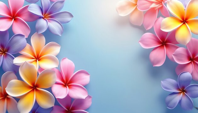 Assorted Plumeria flowers in pink, yellow, and purple hues rest against a soft blue background. Tropical blossoms, frangipani petals, and botanical elements form a decorative composition.