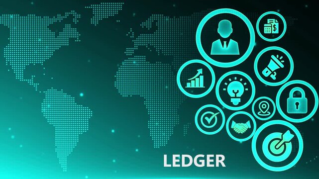 Blockchain technology concept with ledger icons and global network digital finance futuristic cyber security data protection