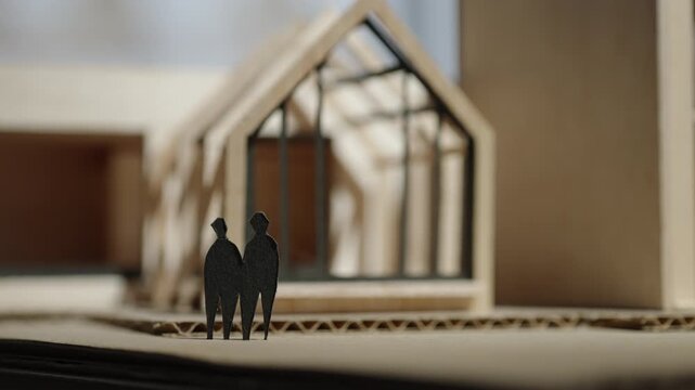 Miniature architectural model of a modern gabled house with glass-framed facade and tiny silhouetted figures, captured with shallow depth of field and soft studio lighting.