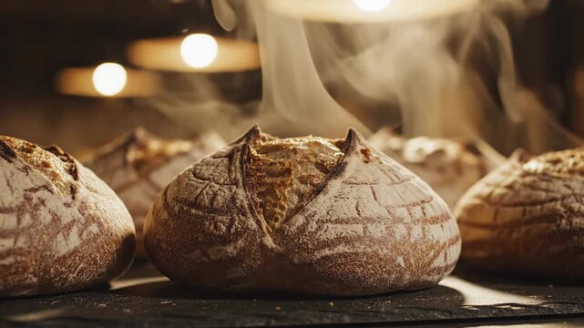 Warm, Freshly Baked Sourdough Bread Emitting Steam on a Stone Surface