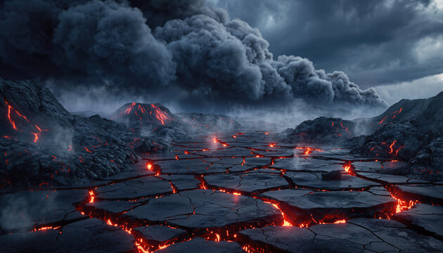 赤く輝く溶岩が広がる終末的な火山風景