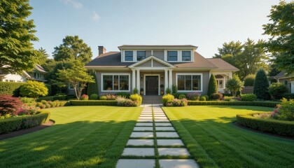 A charming, modern house with a well-maintained lawn, surrounded by lush greenery and decorative plants, featuring a welcoming pathway leading to the entrance.