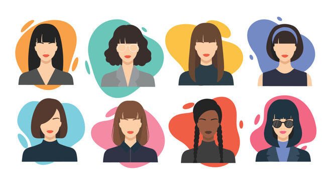 Collection of diverse female avatars featuring various hairstyles, skin tones, and accessories like glasses and headbands.