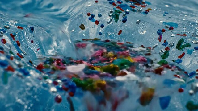 Colorful microplastic particles swirling within melting glacier ice, highlighting environmental pollution and climate change impact
