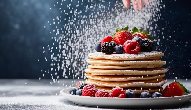 Stack of fluffy pancakes topped with fresh mixed berries, strawberries blueberries raspberries blackberries, powdered sugar falling and exploding in 
mid-air motion
