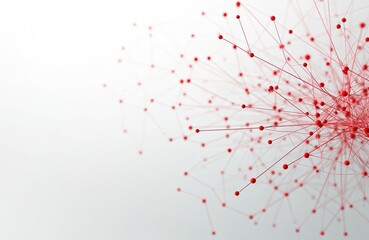 Naklejka premium Abstract red network of connected dots and lines forms a web like structure on white background. Digital connections, molecular structures, data flow, scientific innovation, tech concepts.