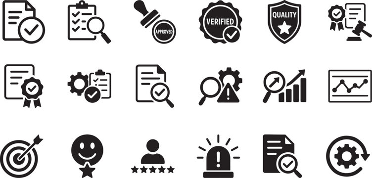 Quality control icon set with clean line style for inspection, testing, standards, apps, web, and UI design.