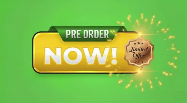Pre Order Now Button Animation On green screen background.
