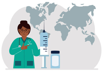 Female doctor with a large syringe and ampoule. Vector flat illustration