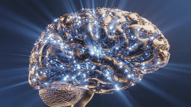 Golden Metal Brain with Glowing Blue Neural Network and Synapses, Futuristic Artificial Intelligence Concept, 3D Animation of Mind and Thinking Process, Science and Technology Background