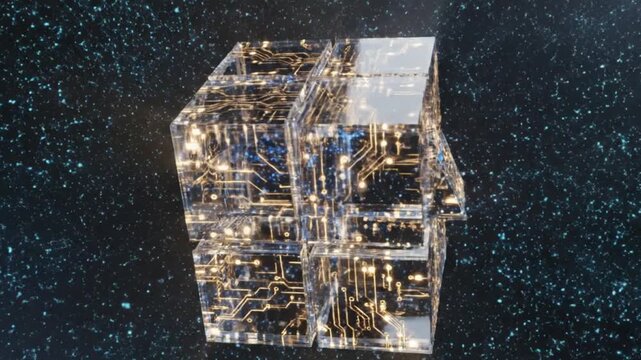 Futuristic Quantum Computer Cube with Golden Circuitry and Blue Energy Burst, Sci-Fi Technology Concept, 3D Animation of Digital Data Processing and Artificial Intelligence Core in Space