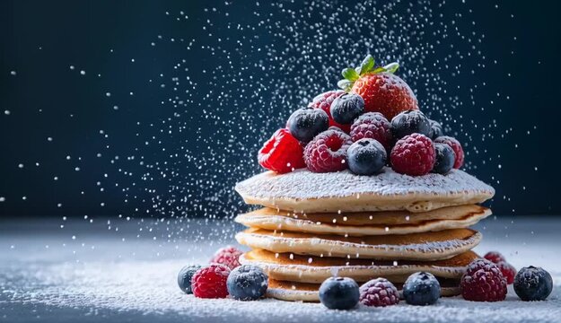 Stack of fluffy pancakes topped with fresh mixed berries, strawberries blueberries raspberries blackberries, powdered sugar falling and exploding in 
mid-air motion
