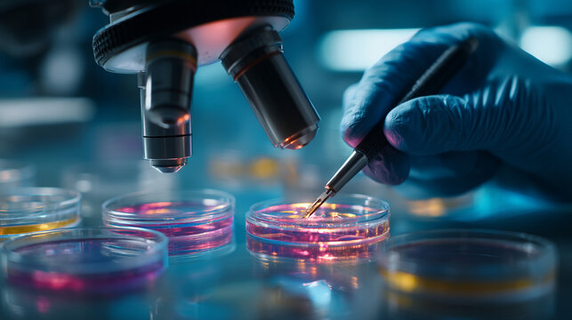 A gloved hand using a pipette to handle a sample in a laboratory petri dish