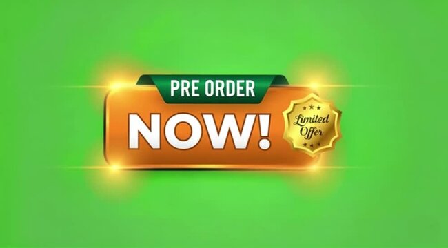Pre Order Now Button Animation On green screen background.