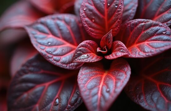 Iresine diffusa plant features deep red leaves with prominent veins and water droplets. Macro view shows intricate texture and vibrant color. Plant grows in natural setting with soft focus.