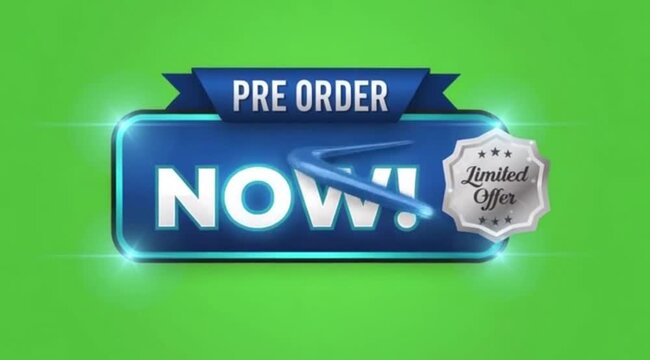 Pre Order Now Button Animation On green screen background.