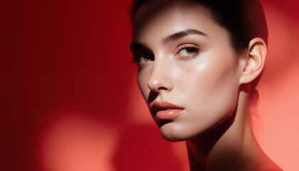 Fototapeta premium Artistic Portrait of a Woman with Soft Lighting and Red Background