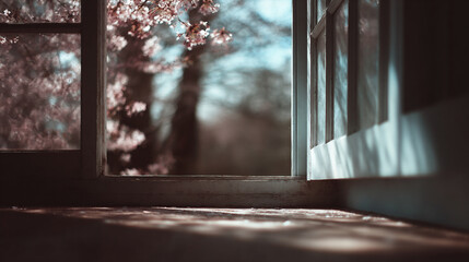 窓の外の桜の花