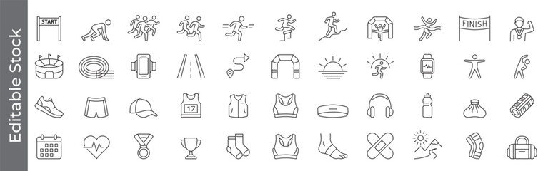 Running, stadium, marathon, track and field sports icon set – editable outline symbols of race, race start, finish line, gear and fitness accessories © marufpro555777