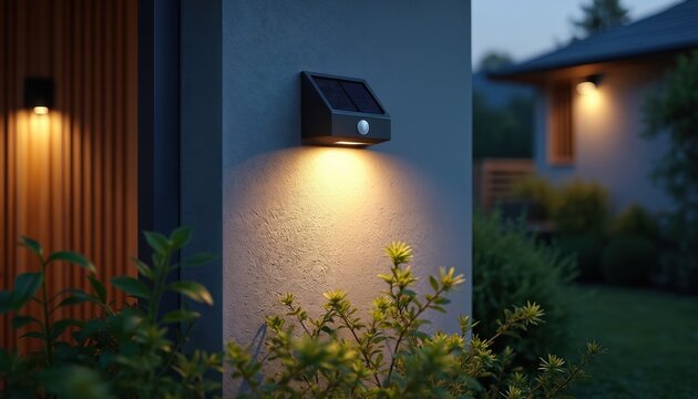 Modern solar wall light with motion sensor illuminates exterior wall at dusk. This energy saving lamp is attached near plants and garden pathway leading to home.
