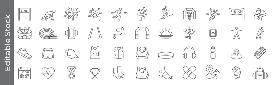 Running, stadium, marathon, track and field sports icon set &ndash; editable outline symbols of race, race start, finish line, gear and fitness accessories