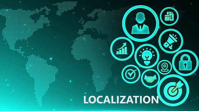Global localization strategy concept with business icons and world map in futuristic neon glow digital background