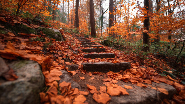 A serene forest path with stone steps covered in autumn leaves leading upwards through trees