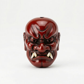 A detailed closeup of a traditional Japanese netsuke or carved bead depicting the fierce face of a red Oni demon, isolated on a white background.