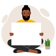 A man sits cross-legged and holds a large white sheet with space for text. Advertising, poster, information, announcement. Vector flat illustration
