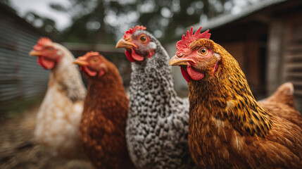 Four chickens standing together in a farm yard looking alert and attentive to their surroundings