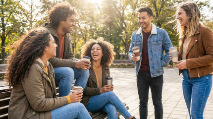 Fototapeta premium Diverse colleagues laughing together during outdoor coffee break