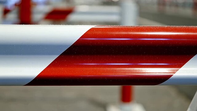 Close up of red and white striped metal barrier gate boom arm for traffic control and security entrance restricted access system in parking lot