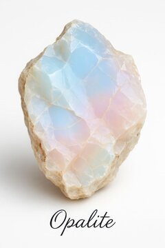 Iridescent rough opalite stone specimen isolated on white background with text