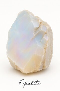 Beautiful raw opalite crystal chunk showing opalescent colors on white