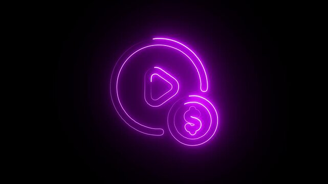 Neon play icon with dollar sign illustration symbolizing video monetization and online content creation in a modern digital landscape with vibrant purple glow.